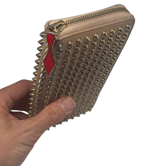 Christian Louboutin Studded Leather Zip Around Wallet Nude Gold Spikes - Picture 6 of 11